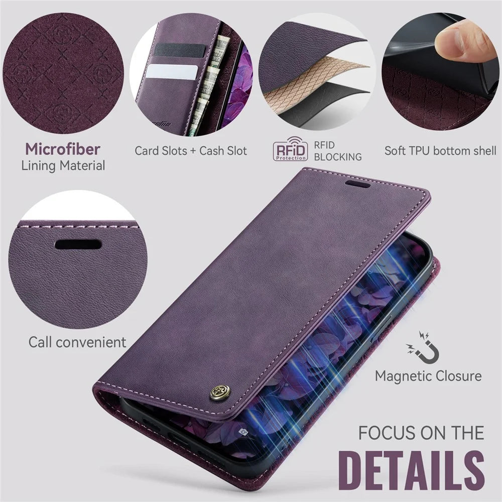 CASEME For iPhone 15 Case  033 Series RFID Blocking Wallet Stand Calf Texture Leather Phone Cover - Purple - 3