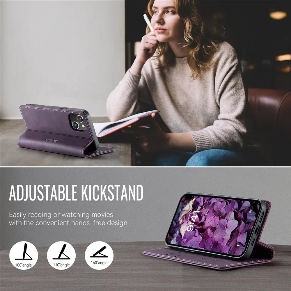 CASEME For iPhone 15 Case  033 Series RFID Blocking Wallet Stand Calf Texture Leather Phone Cover - Purple - 5