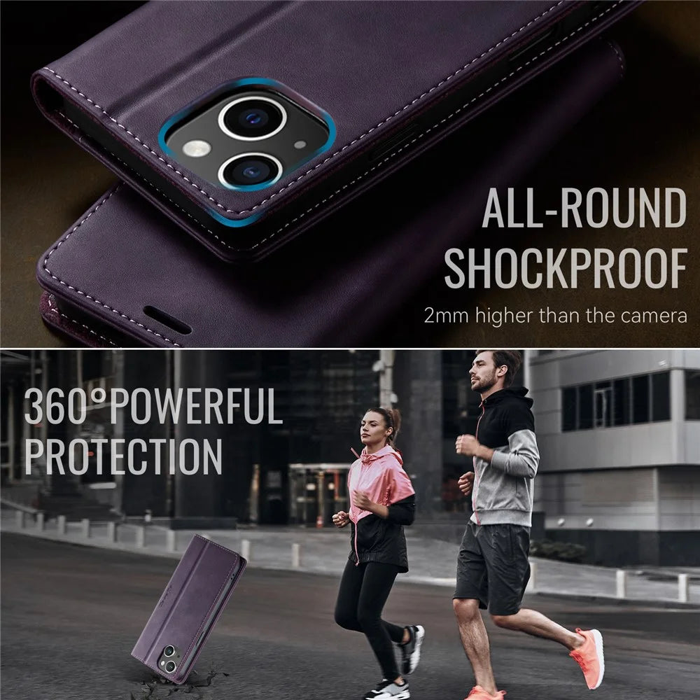 CASEME For iPhone 15 Case  033 Series RFID Blocking Wallet Stand Calf Texture Leather Phone Cover - Purple - 6