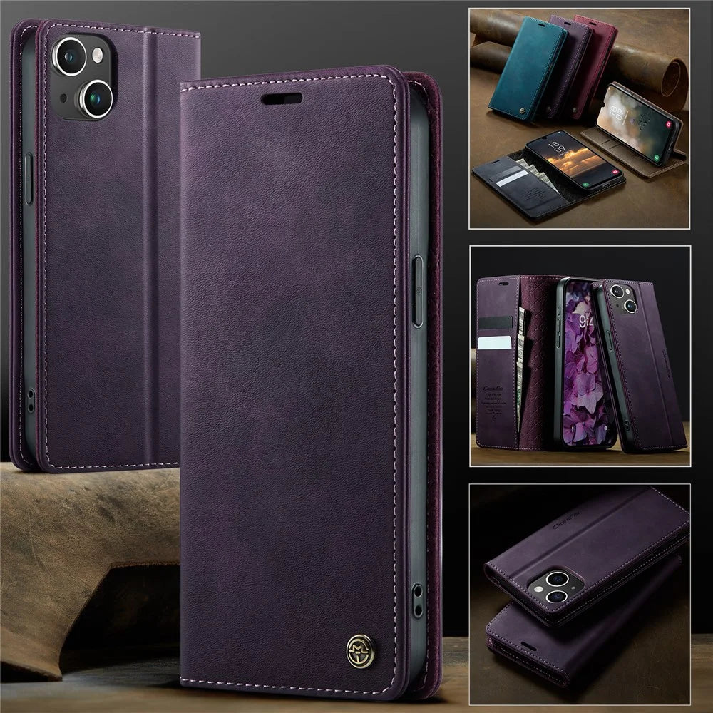 CASEME For iPhone 15 Case  033 Series RFID Blocking Wallet Stand Calf Texture Leather Phone Cover - Purple - 7