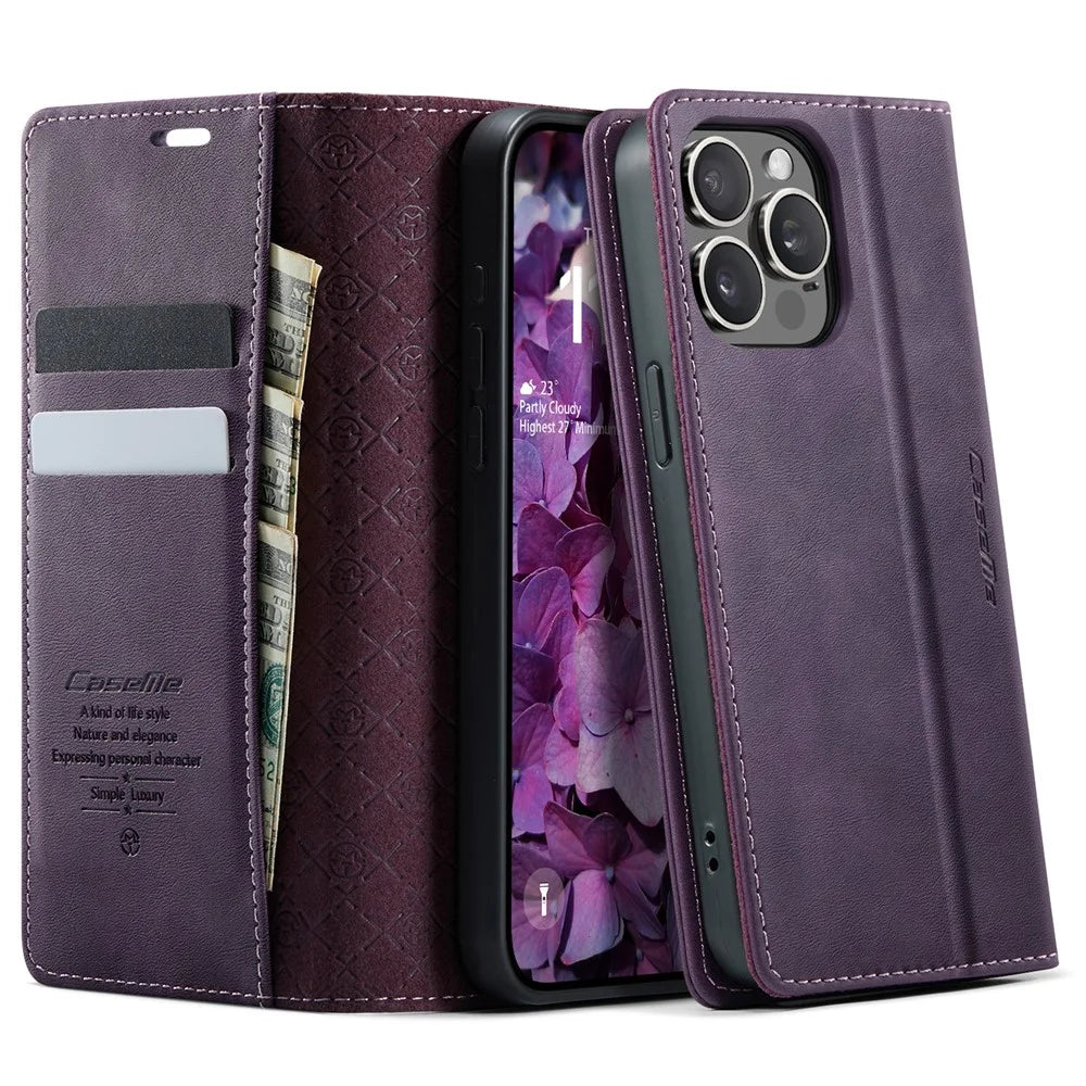 CASEME For iPhone 15 Pro Case  033 Series RFID Blocking Wallet Stand Calf Texture Leather Phone Cover - Purple - 1