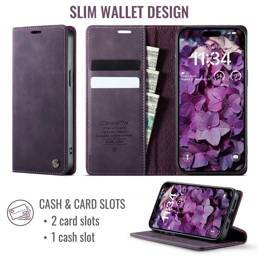 CASEME For iPhone 15 Pro Case  033 Series RFID Blocking Wallet Stand Calf Texture Leather Phone Cover - Purple - 2