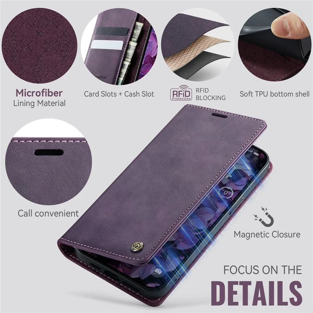 CASEME For iPhone 15 Pro Case  033 Series RFID Blocking Wallet Stand Calf Texture Leather Phone Cover - Purple - 3