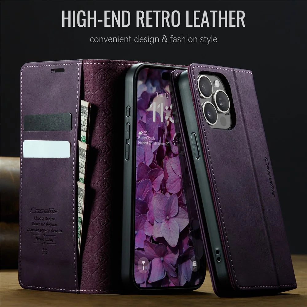 CASEME For iPhone 15 Pro Case  033 Series RFID Blocking Wallet Stand Calf Texture Leather Phone Cover - Purple - 4