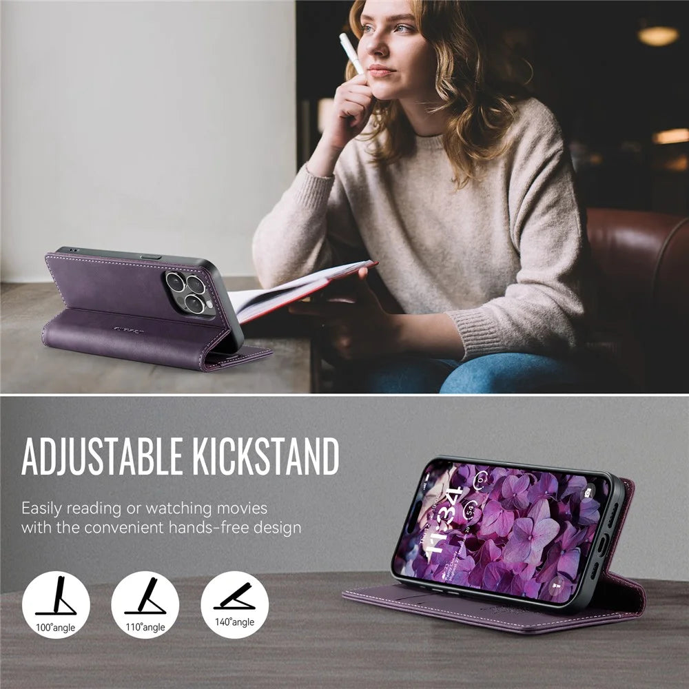 CASEME For iPhone 15 Pro Case  033 Series RFID Blocking Wallet Stand Calf Texture Leather Phone Cover - Purple - 5
