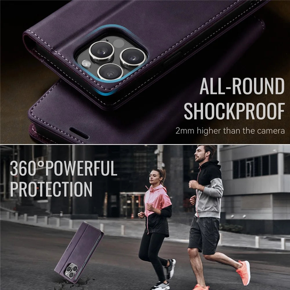 CASEME For iPhone 15 Pro Case  033 Series RFID Blocking Wallet Stand Calf Texture Leather Phone Cover - Purple - 6