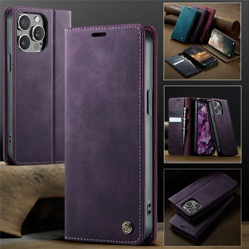 CASEME For iPhone 15 Pro Case  033 Series RFID Blocking Wallet Stand Calf Texture Leather Phone Cover - Purple - 7