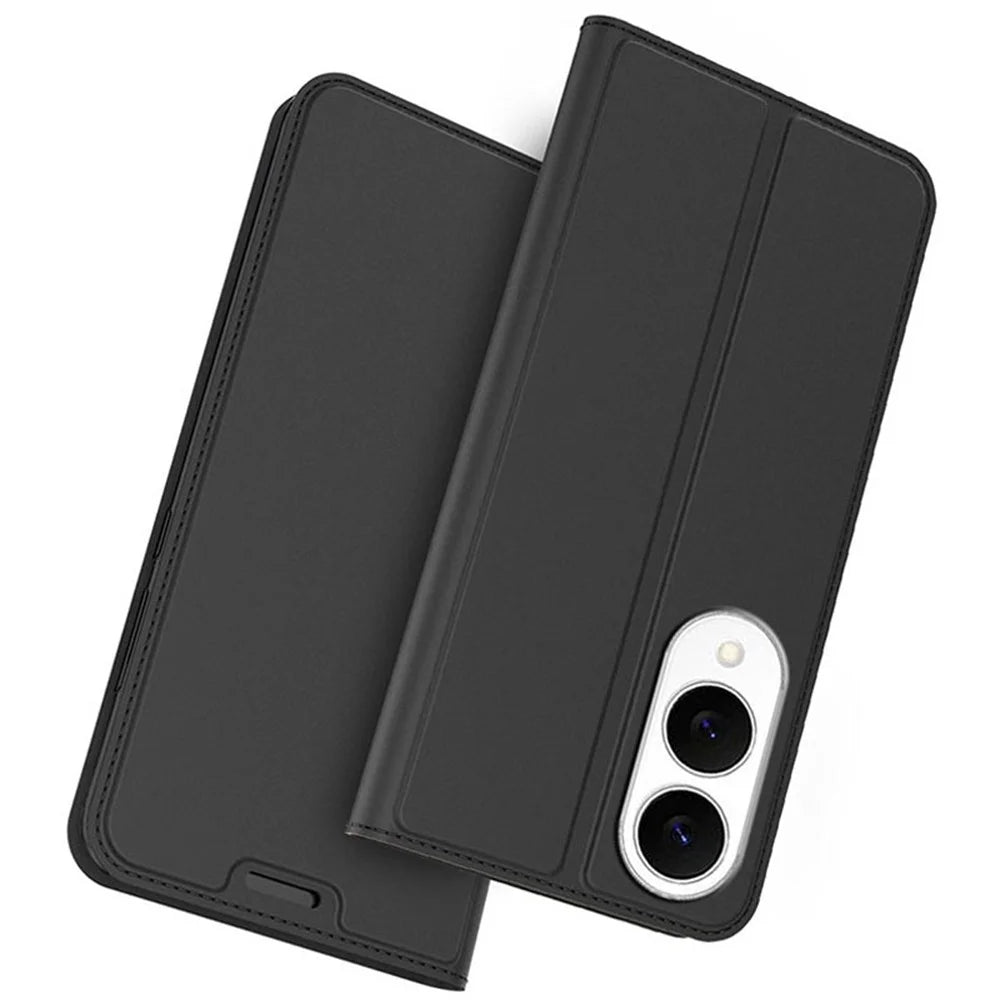For Samsung Galaxy S25 Edge Case PU Leather Phone Cover with Card Holder Stand - Black - 1
