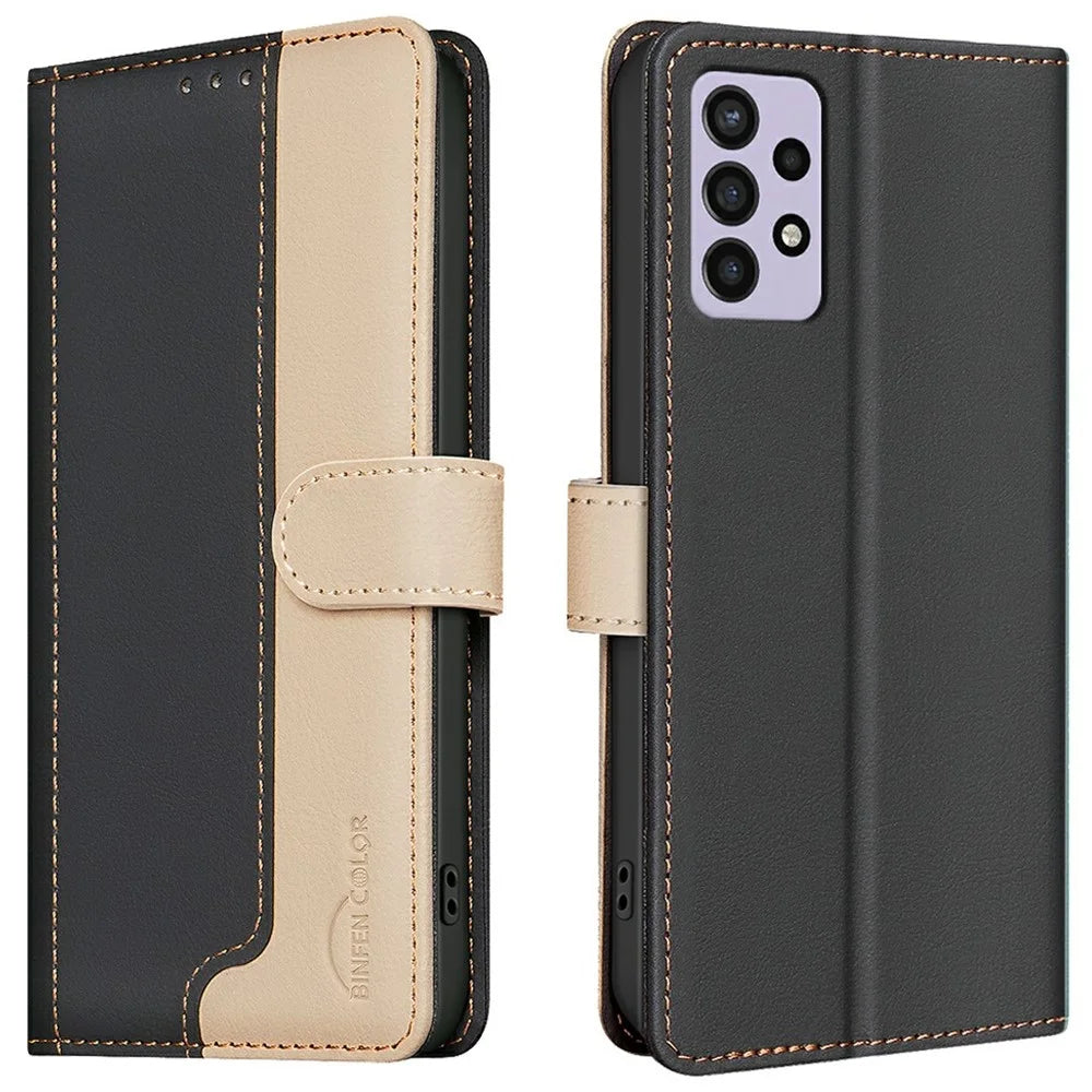 BINFEN COLOR BF33 Leather Case For Samsung Galaxy A52s 5G  /  A52 5G  /  A52 4G Splicing Color RFID Blocking Wallet Stand Phone Cover - Black - 1