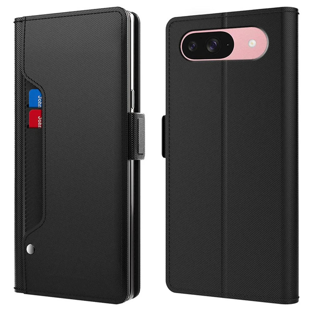 For Google Pixel 10 Case Stand PU Leather Phone Cover Card Holder Mirror - Black - 1