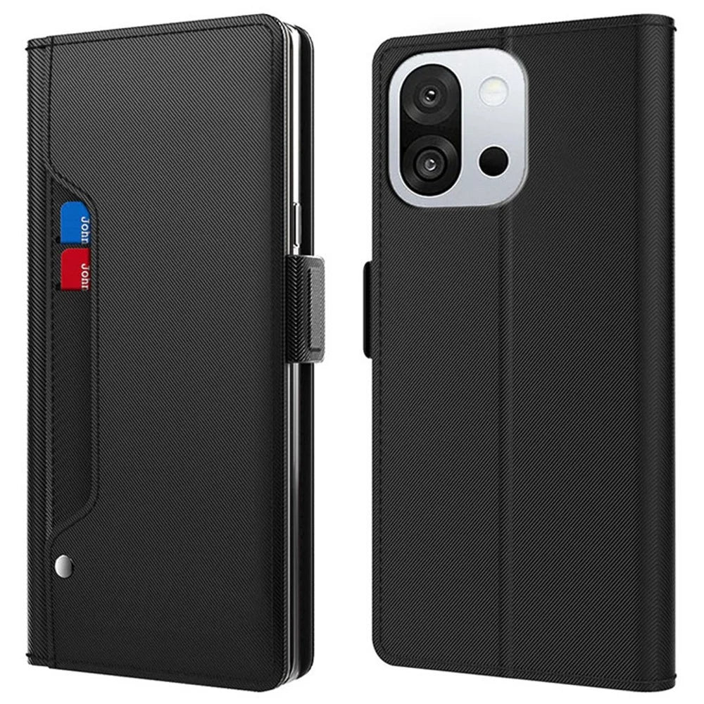 For OnePlus 13T 5G Case Stand PU Leather Phone Cover Card Holder Mirror - Black - 1
