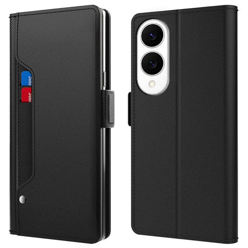 For Samsung Galaxy S25 Edge Case Stand PU Leather Phone Cover Card Holder Mirror - Black - 1