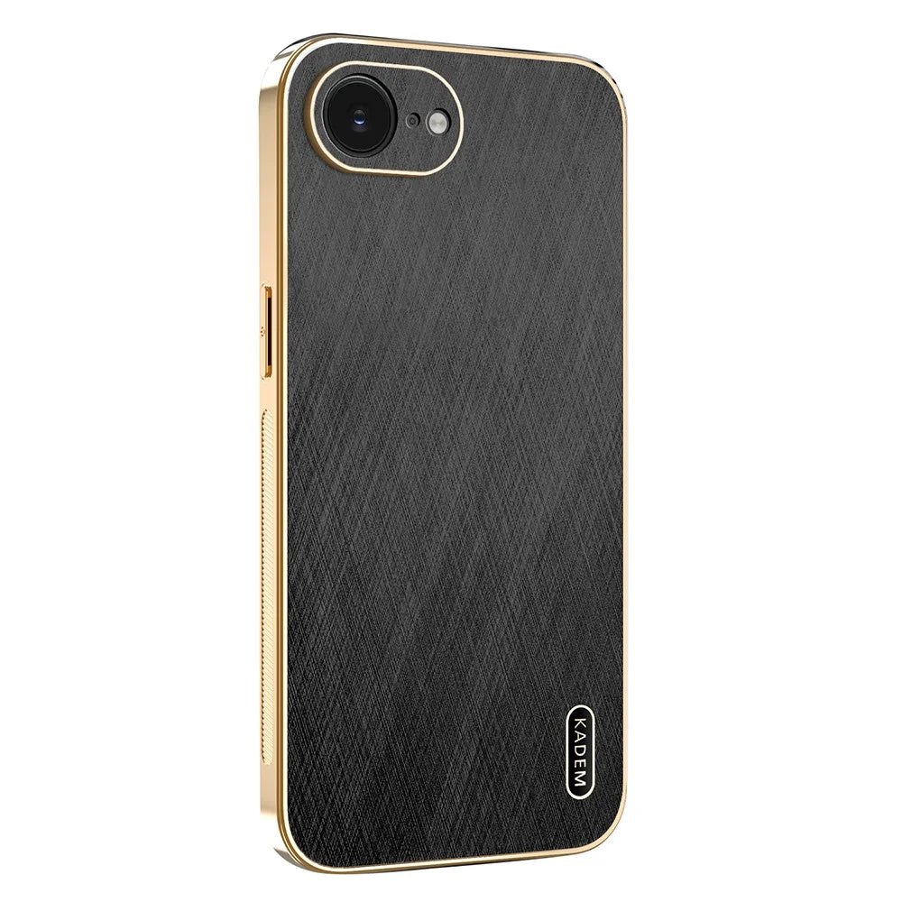 KADEM For iPhone 17e / 16e Case Electroplating Silk Texture PU + TPU Phone Back Cover - Black - 1