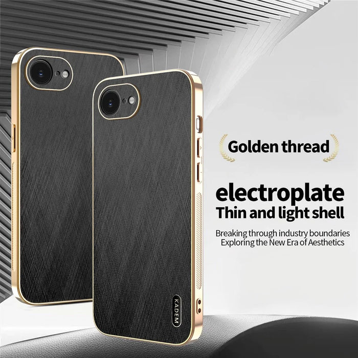 KADEM For iPhone 17e / 16e Case Electroplating Silk Texture PU + TPU Phone Back Cover - Black - 2