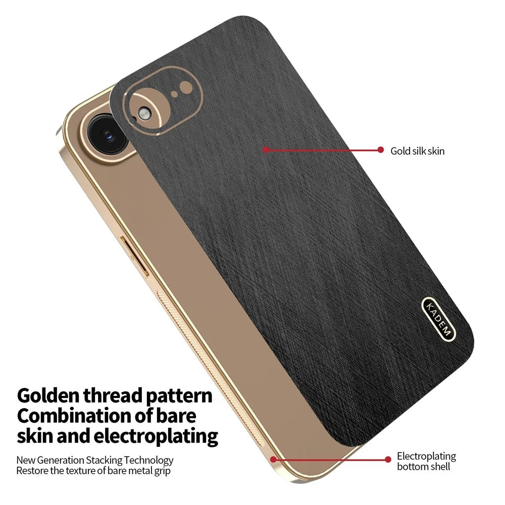 KADEM For iPhone 17e / 16e Case Electroplating Silk Texture PU + TPU Phone Back Cover - Black - 6