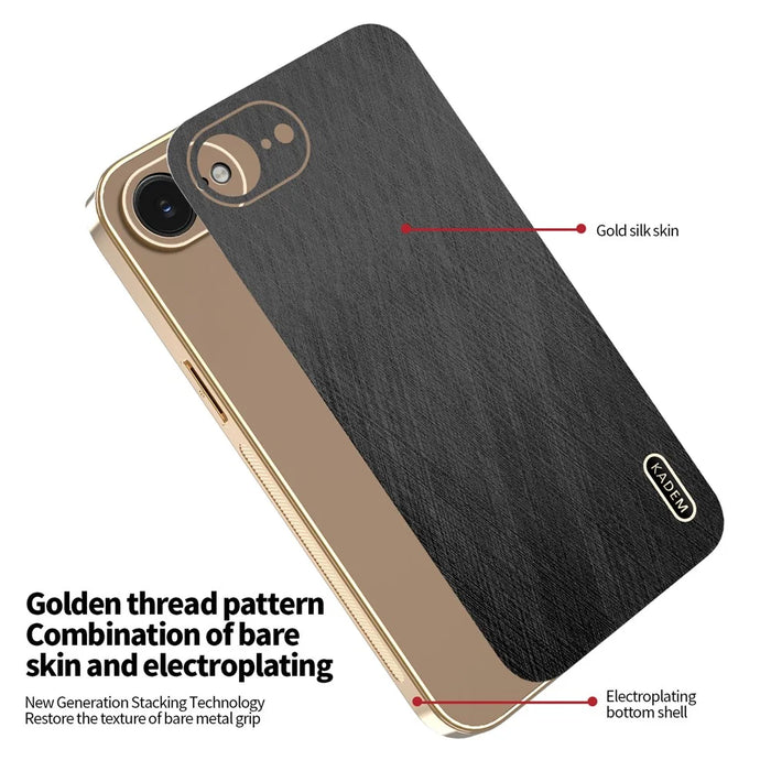 KADEM For iPhone 17e / 16e Case Electroplating Silk Texture PU + TPU Phone Back Cover - Black - 6