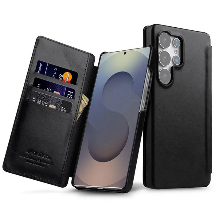 MELKCO For Samsung Galaxy S25 Ultra Case Card Slots Genuine Cow Leather Flip Phone Cover - Black - 1