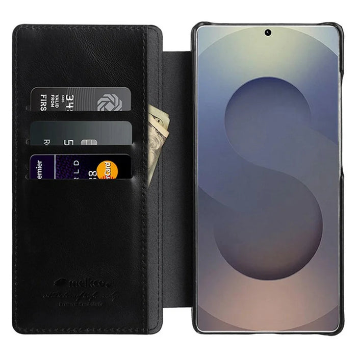 MELKCO For Samsung Galaxy S25 Ultra Case Card Slots Genuine Cow Leather Flip Phone Cover - Black - 2
