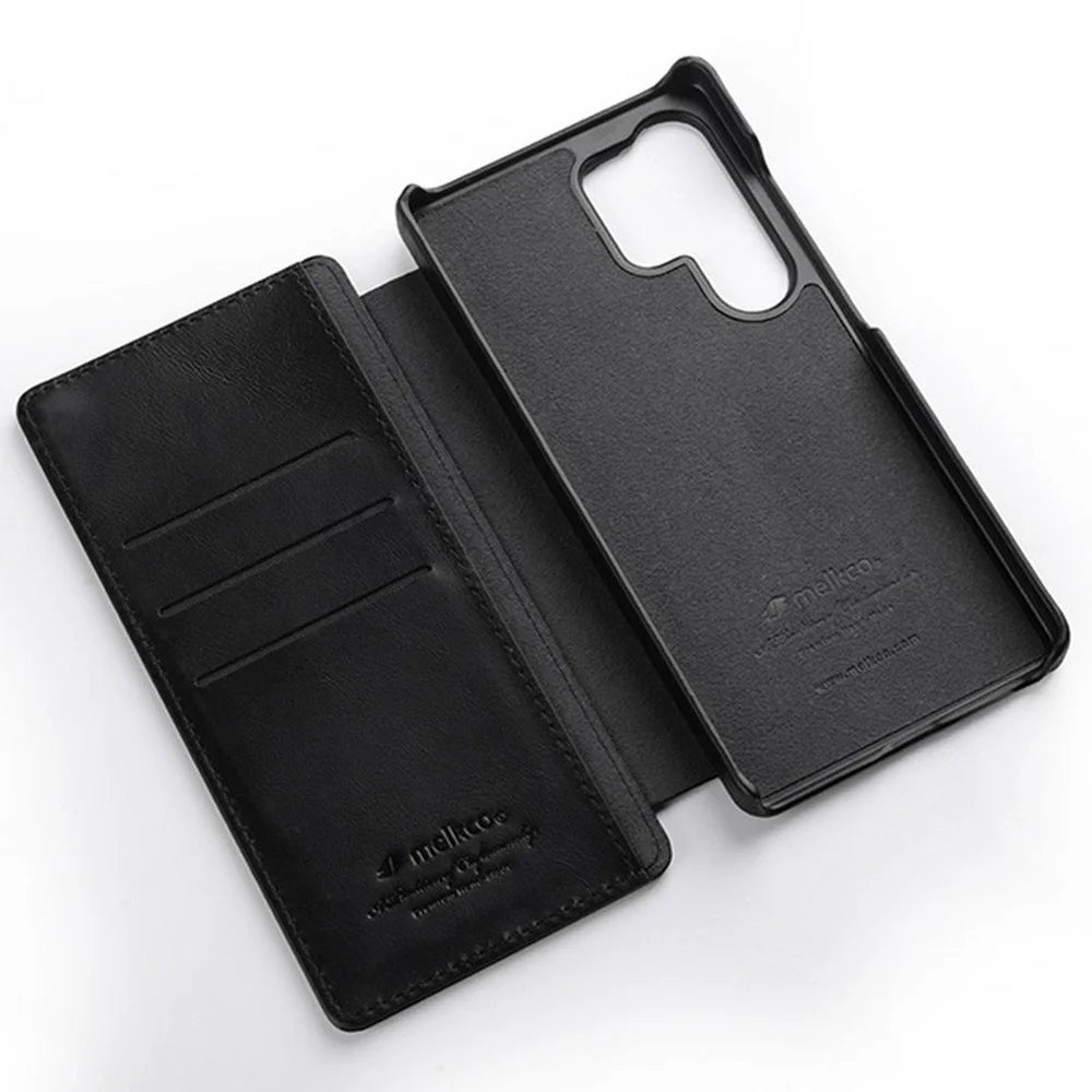 MELKCO For Samsung Galaxy S25 Ultra Case Card Slots Genuine Cow Leather Flip Phone Cover - Black - 3