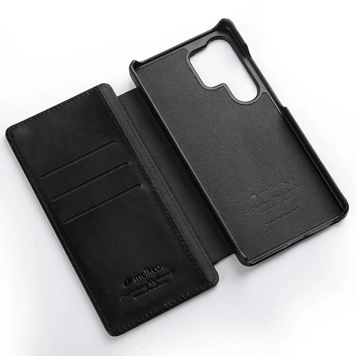 MELKCO For Samsung Galaxy S25 Ultra Case Card Slots Genuine Cow Leather Flip Phone Cover - Black - 3