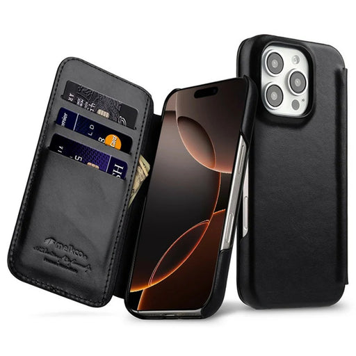 MELKCO For iPhone 16 Pro Case Compatible with MagSafe Card Slots Genuine Cow Leather Phone Cover - Black - 1