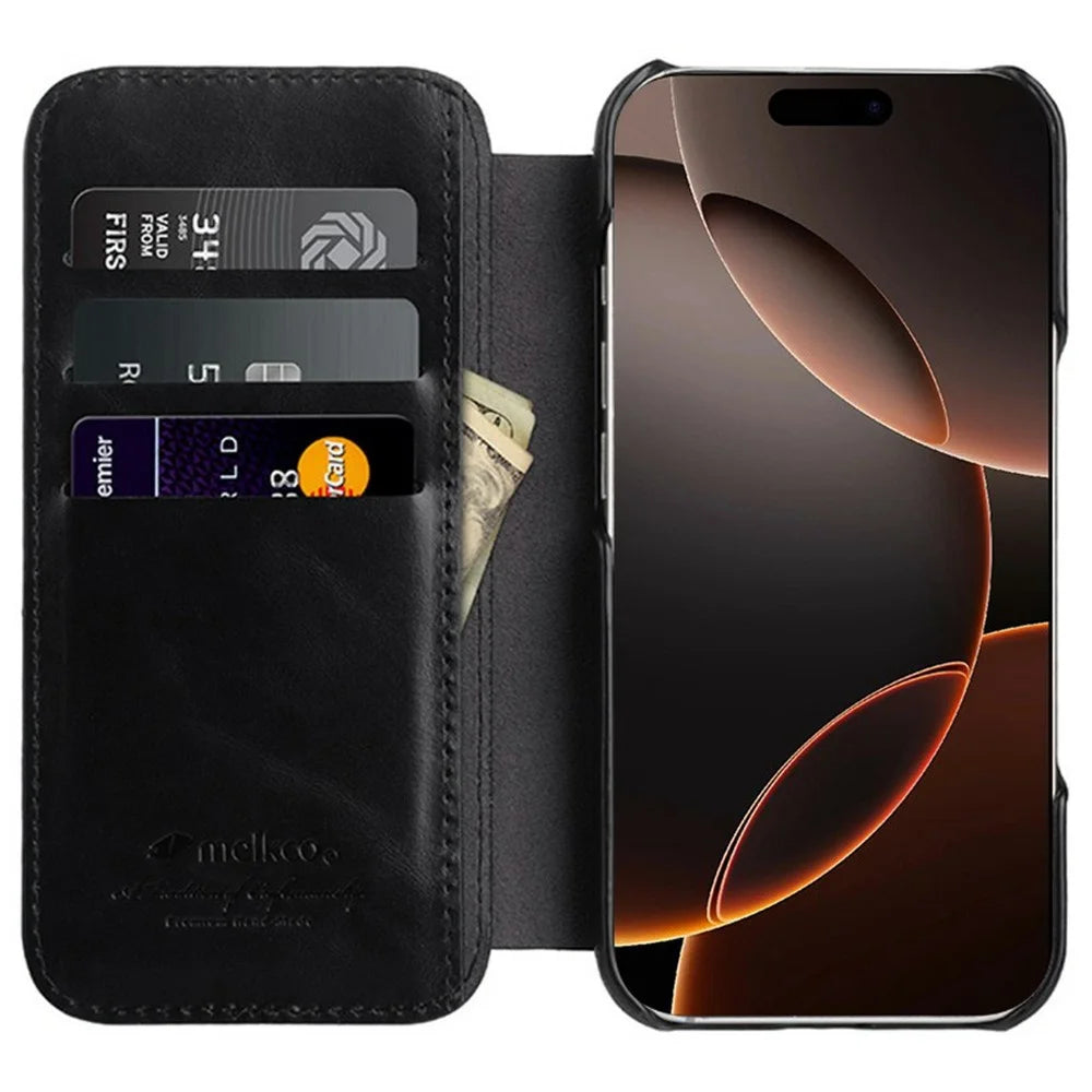 MELKCO For iPhone 16 Pro Case Compatible with MagSafe Card Slots Genuine Cow Leather Phone Cover - Black - 2