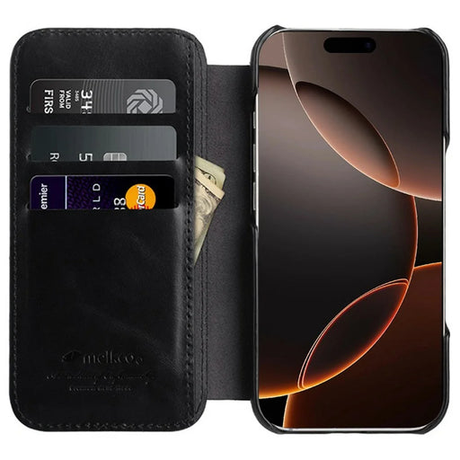 MELKCO For iPhone 16 Pro Case Compatible with MagSafe Card Slots Genuine Cow Leather Phone Cover - Black - 2