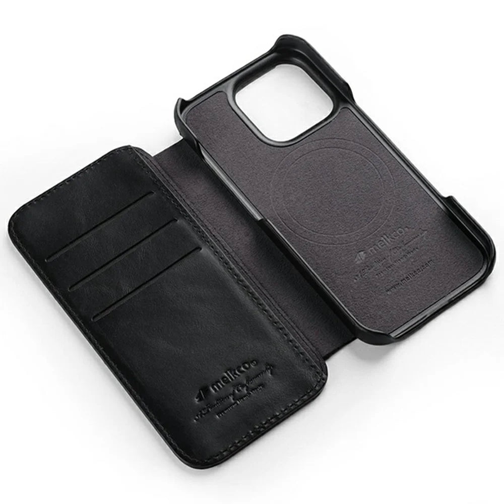 MELKCO For iPhone 16 Pro Case Compatible with MagSafe Card Slots Genuine Cow Leather Phone Cover - Black - 3