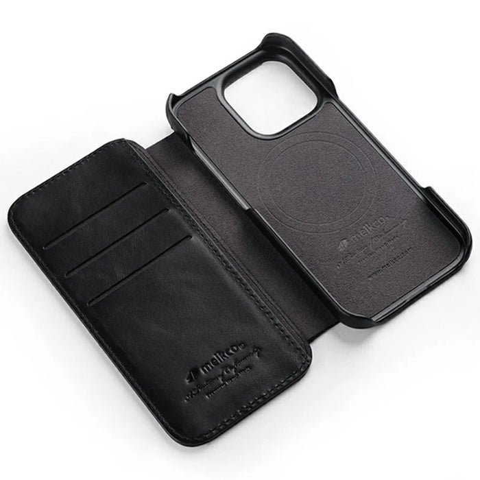 MELKCO For iPhone 16 Pro Case Compatible with MagSafe Card Slots Genuine Cow Leather Phone Cover - Black - 3
