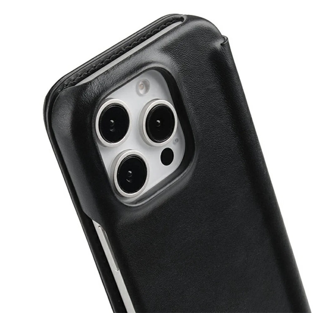 MELKCO For iPhone 16 Pro Case Compatible with MagSafe Card Slots Genuine Cow Leather Phone Cover - Black - 4