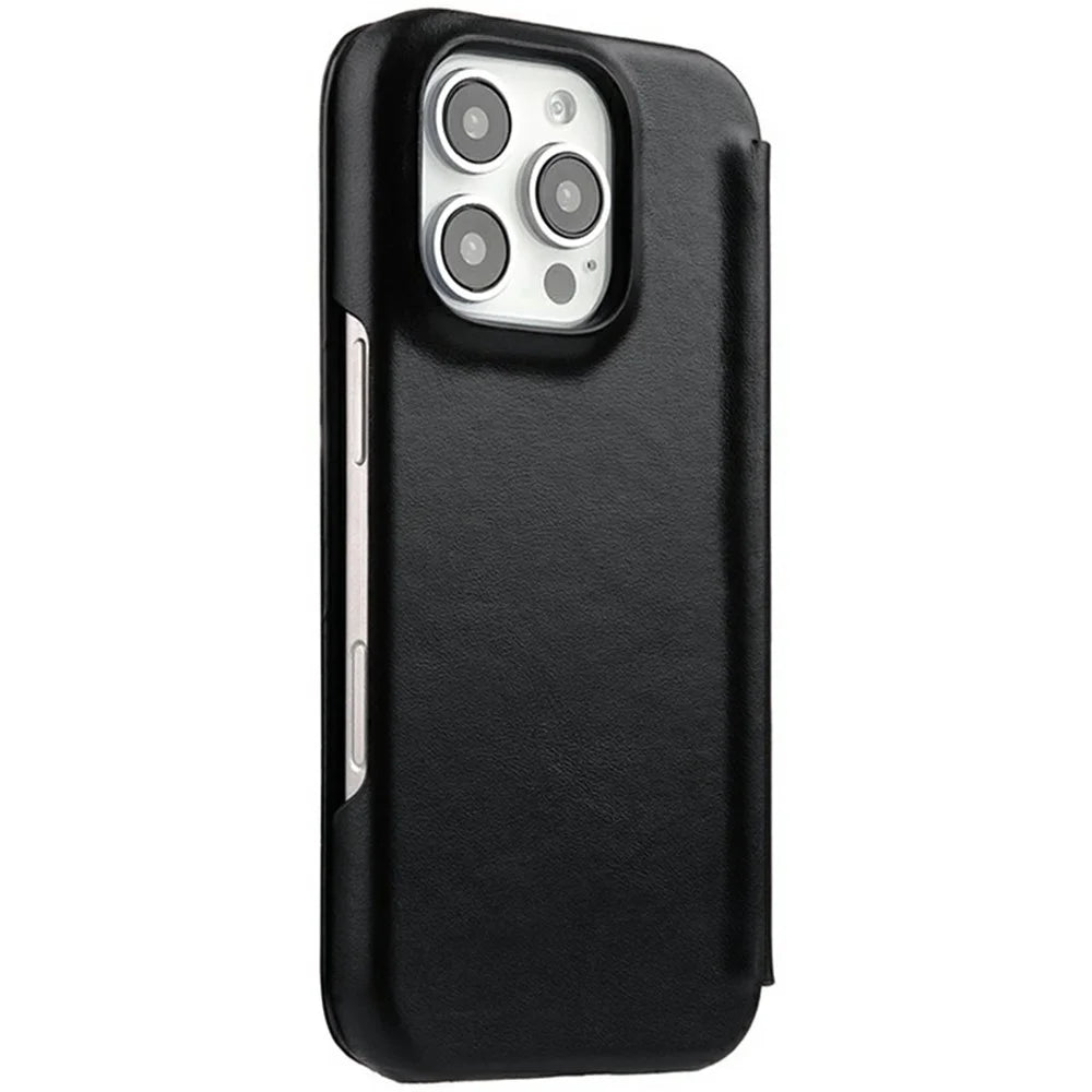 MELKCO For iPhone 16 Pro Case Compatible with MagSafe Card Slots Genuine Cow Leather Phone Cover - Black - 5
