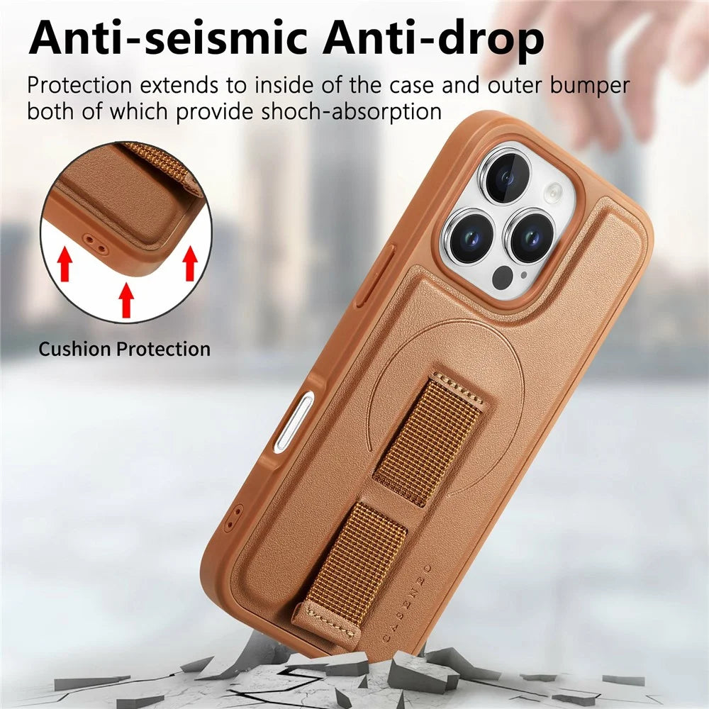 CASENEO For iPhone 16 Pro Magnetic Case Wristband PU Leather + PC Shockproof Phone Cover - Brown - 5