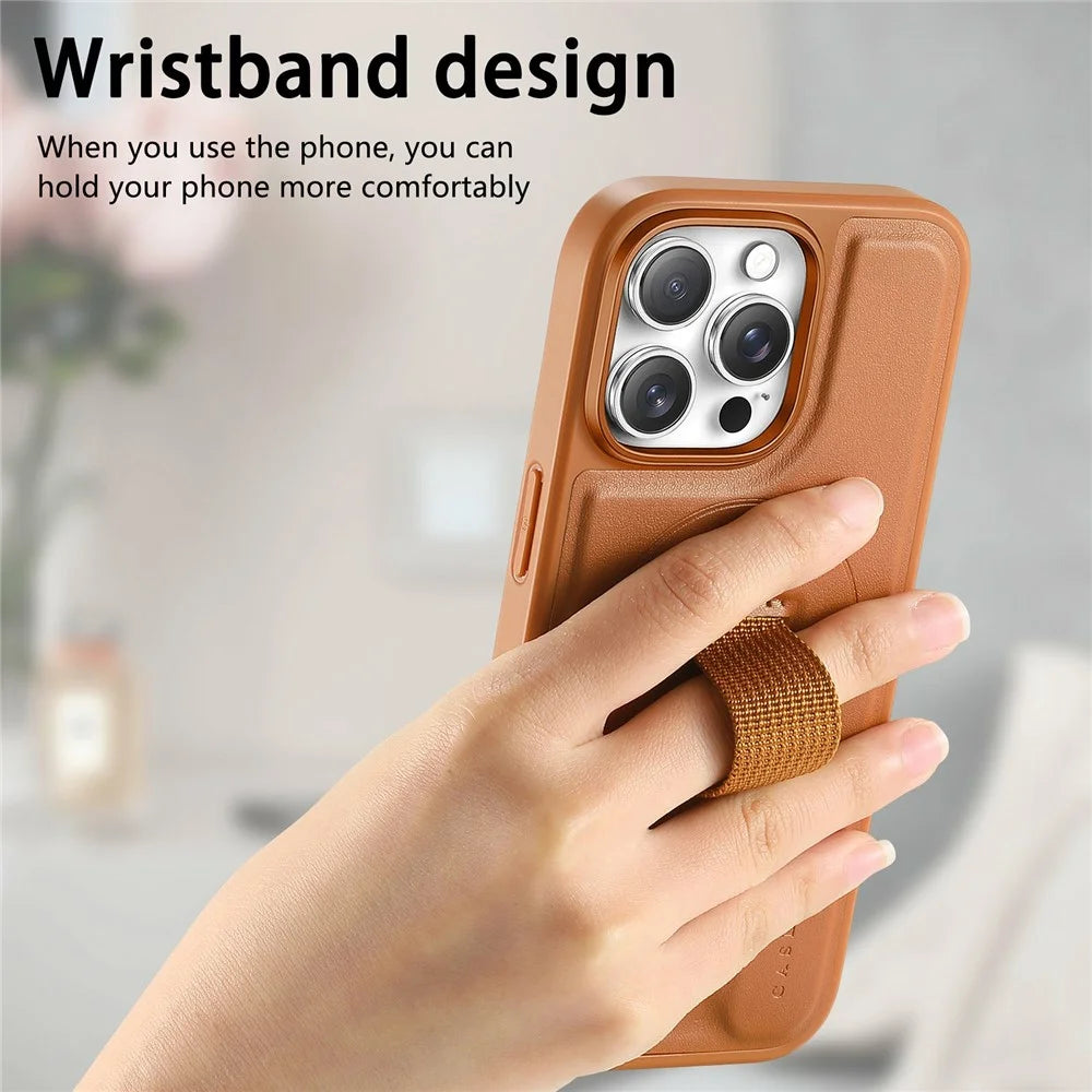 CASENEO For iPhone 16 Pro Magnetic Case Wristband PU Leather + PC Shockproof Phone Cover - Brown - 6