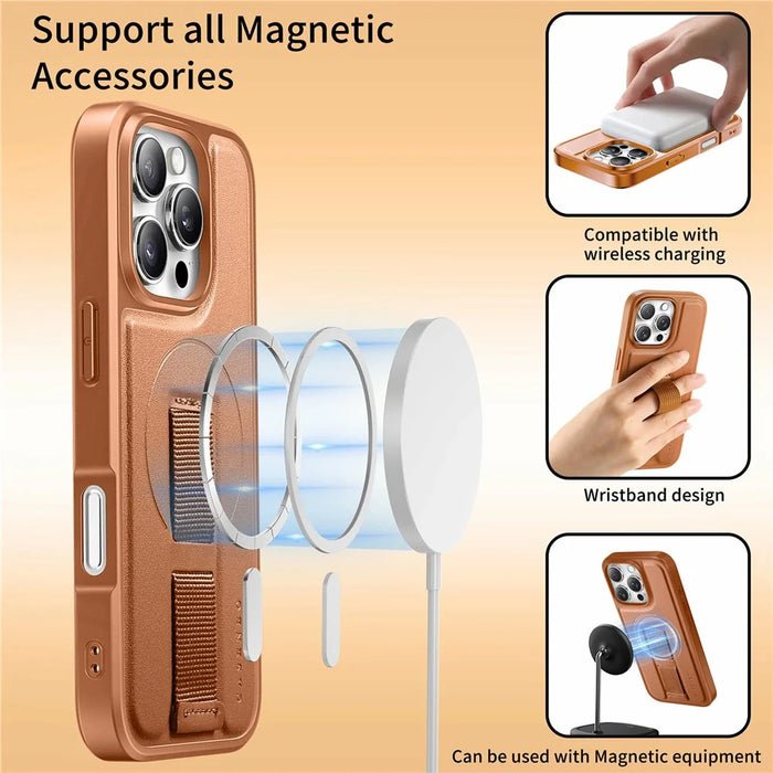 CASENEO For iPhone 16 Pro Magnetic Case Wristband PU Leather + PC Shockproof Phone Cover - Brown - 7
