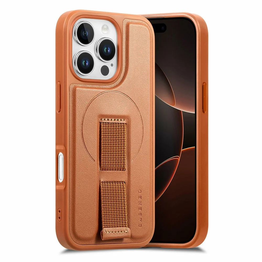 CASENEO For iPhone 16 Pro Max Magnetic Case Hand Strap Design PU Leather + PC Phone Cover - Brown - 1