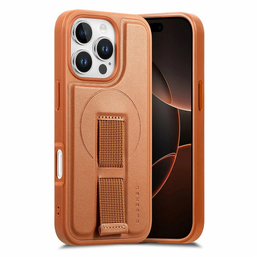 CASENEO For iPhone 16 Pro Max Magnetic Case Hand Strap Design PU Leather + PC Phone Cover - Brown - 1