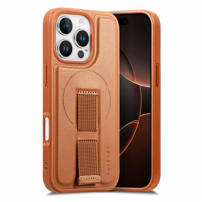 CASENEO For iPhone 16 Pro Max Magnetic Case Hand Strap Design PU Leather + PC Phone Cover - Brown - 1