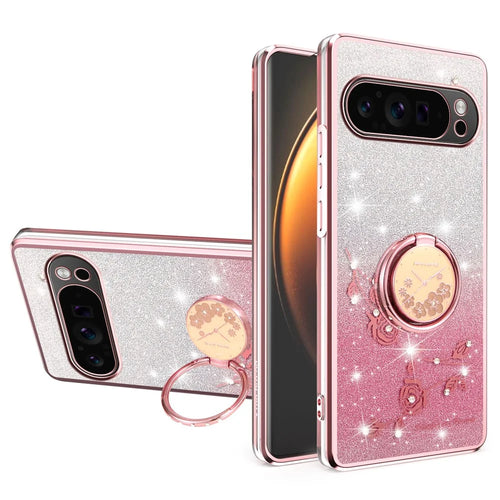 KADEM For Google Pixel 10 Pro XL Case Ring Kickstand TPU Flowers Phone Cover Gradient Glitter - Rose Gold - 1