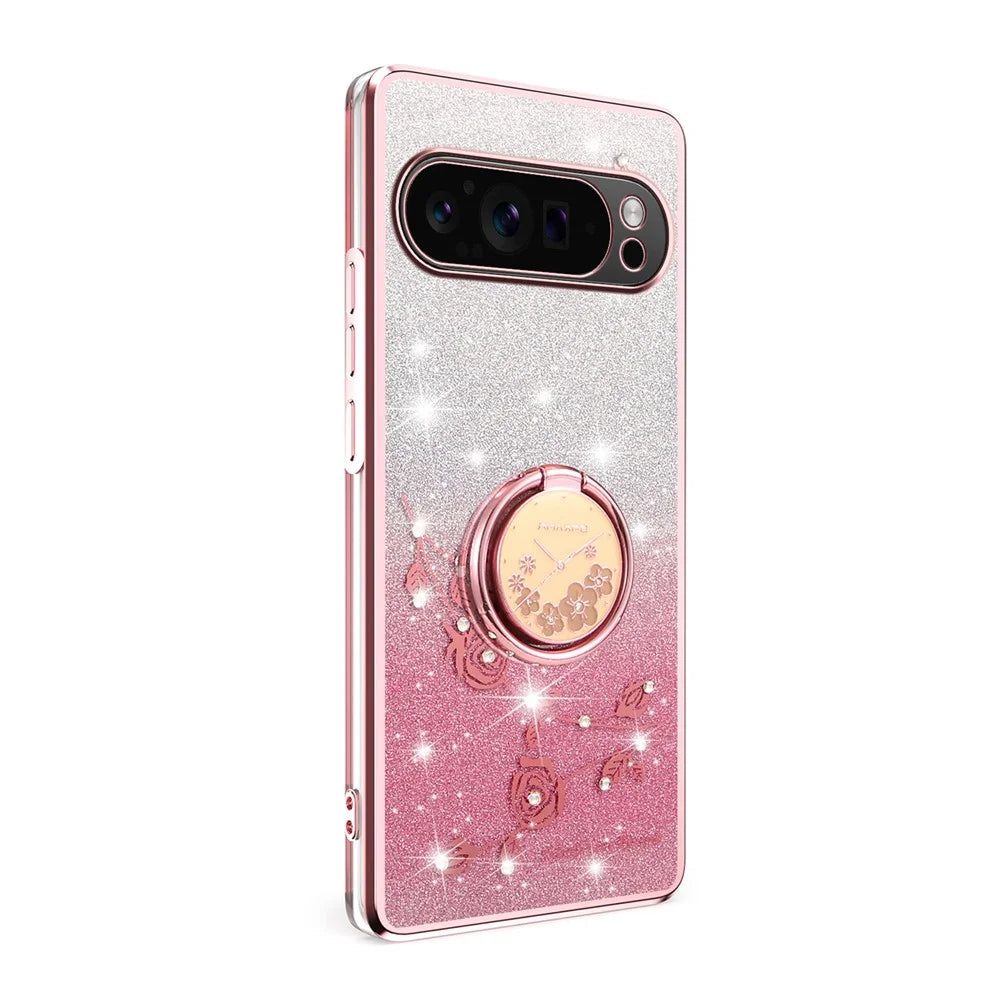 KADEM For Google Pixel 10 Pro XL Case Ring Kickstand TPU Flowers Phone Cover Gradient Glitter - Rose Gold - 2