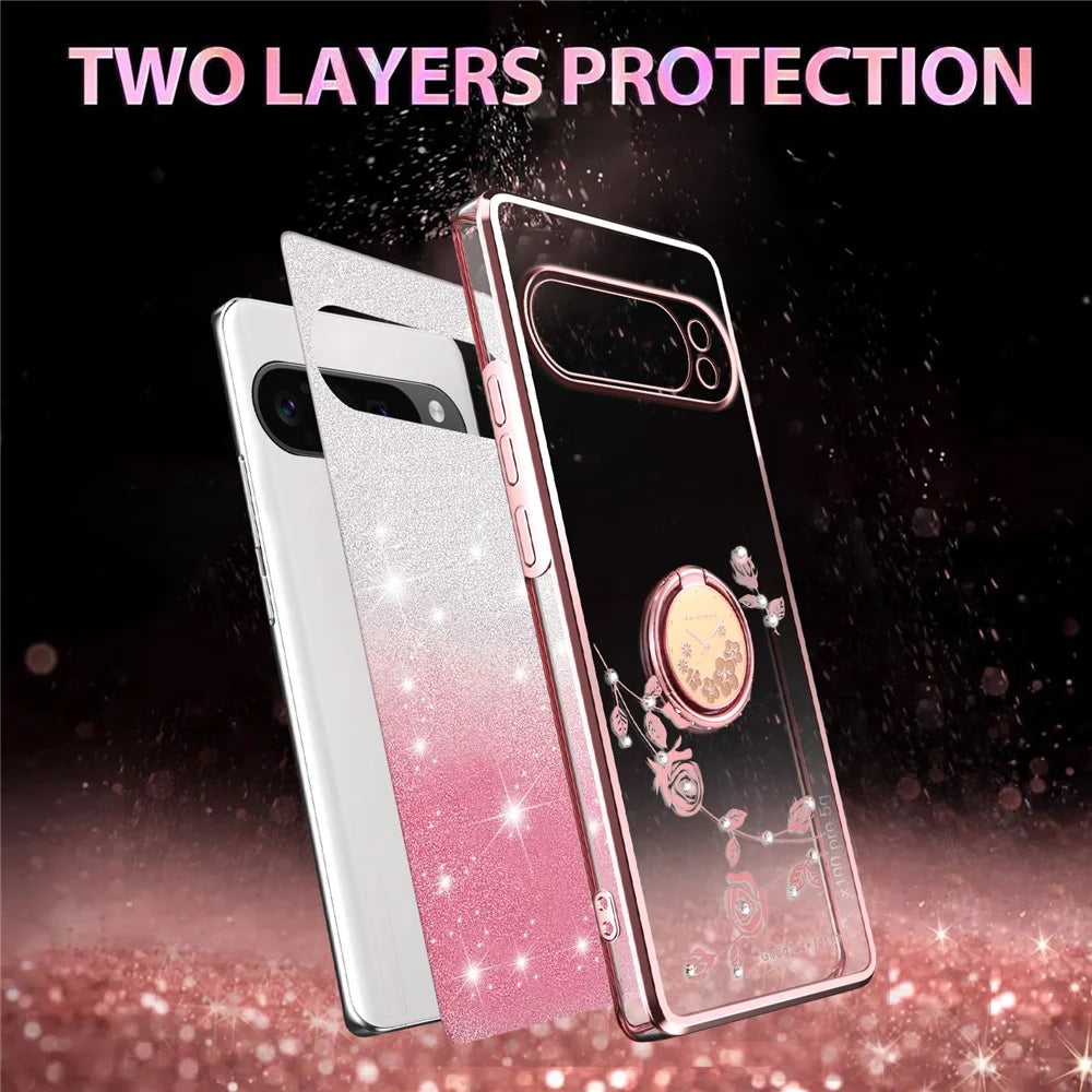 KADEM For Google Pixel 10 Pro XL Case Ring Kickstand TPU Flowers Phone Cover Gradient Glitter - Rose Gold - 3