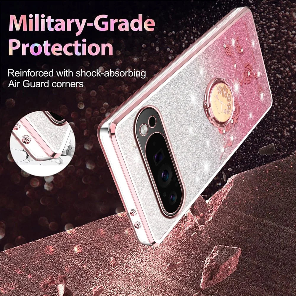 KADEM For Google Pixel 10 Pro XL Case Ring Kickstand TPU Flowers Phone Cover Gradient Glitter - Rose Gold - 4