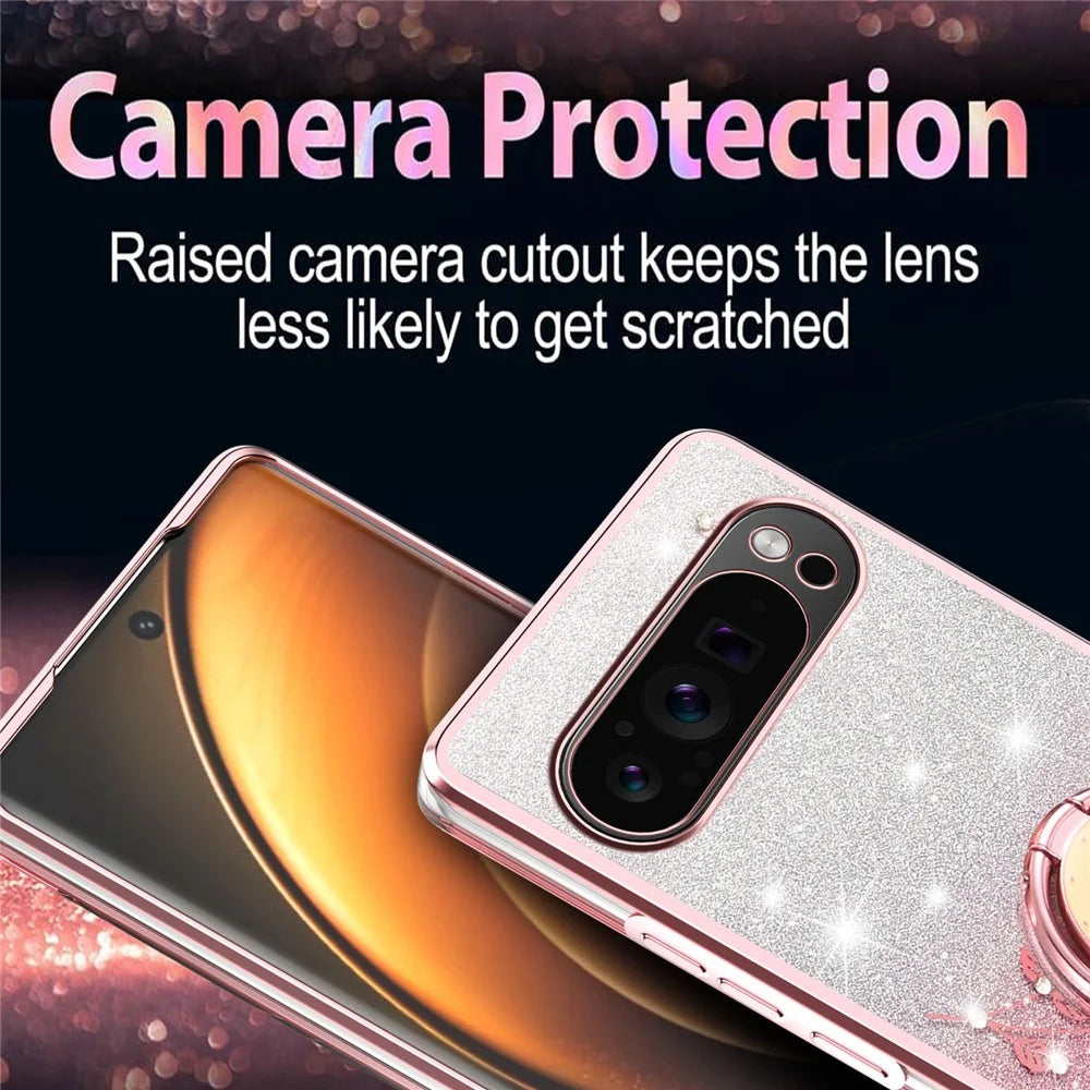 KADEM For Google Pixel 10 Pro XL Case Ring Kickstand TPU Flowers Phone Cover Gradient Glitter - Rose Gold - 5