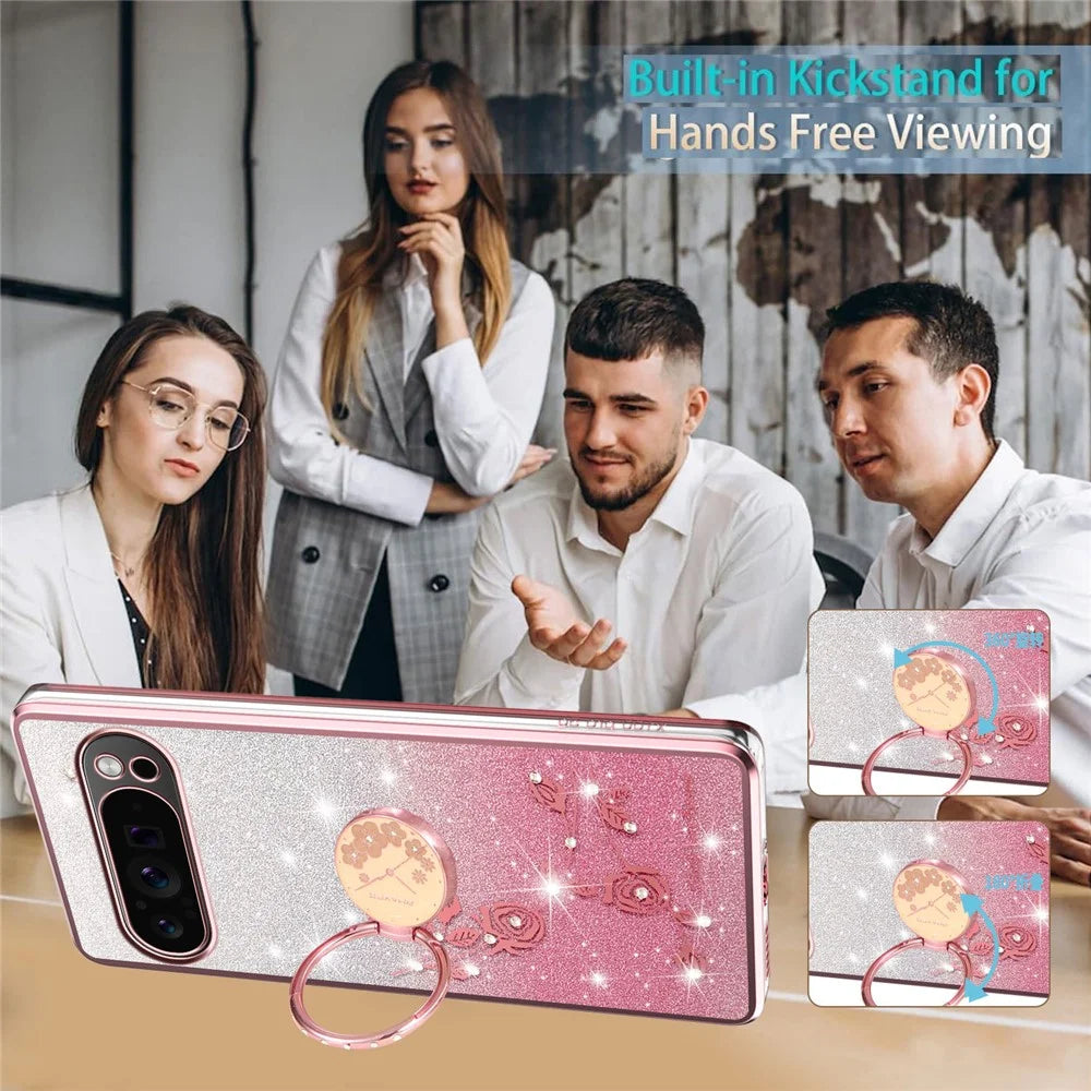KADEM For Google Pixel 10 Pro XL Case Ring Kickstand TPU Flowers Phone Cover Gradient Glitter - Rose Gold - 6