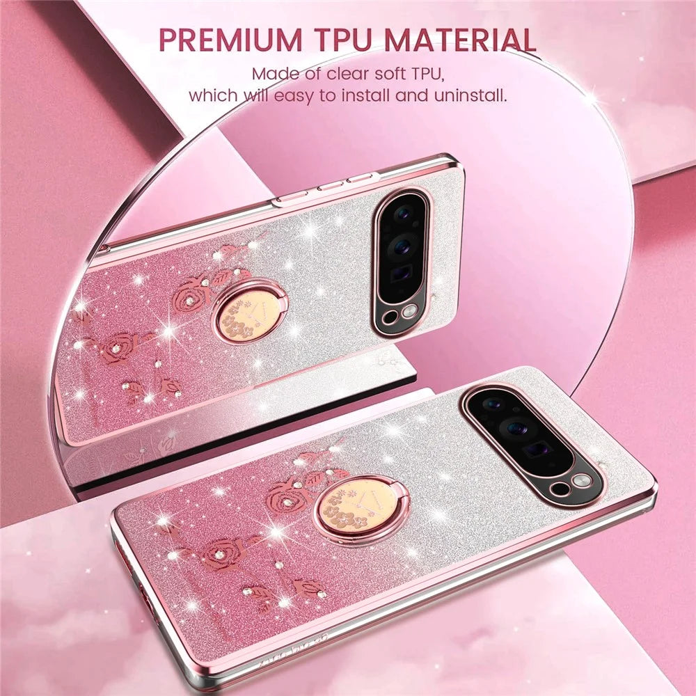 KADEM For Google Pixel 10 Pro XL Case Ring Kickstand TPU Flowers Phone Cover Gradient Glitter - Rose Gold - 7