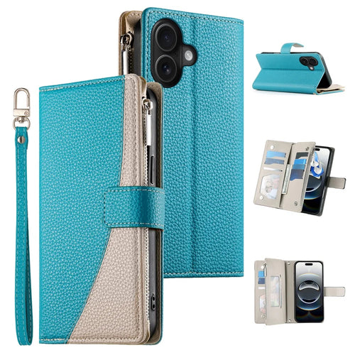 For iPhone 16 Case Zipper Pocket Wallet Color Splicing Leather Flip Phone Cover with Straps - Lake Blue - 1
