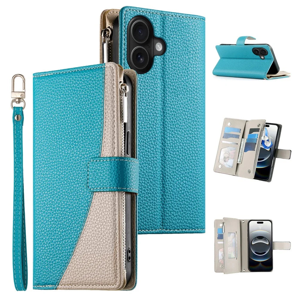 For iPhone 16 Case Zipper Pocket Wallet Color Splicing Leather Flip Phone Cover with Straps - Lake Blue - 1