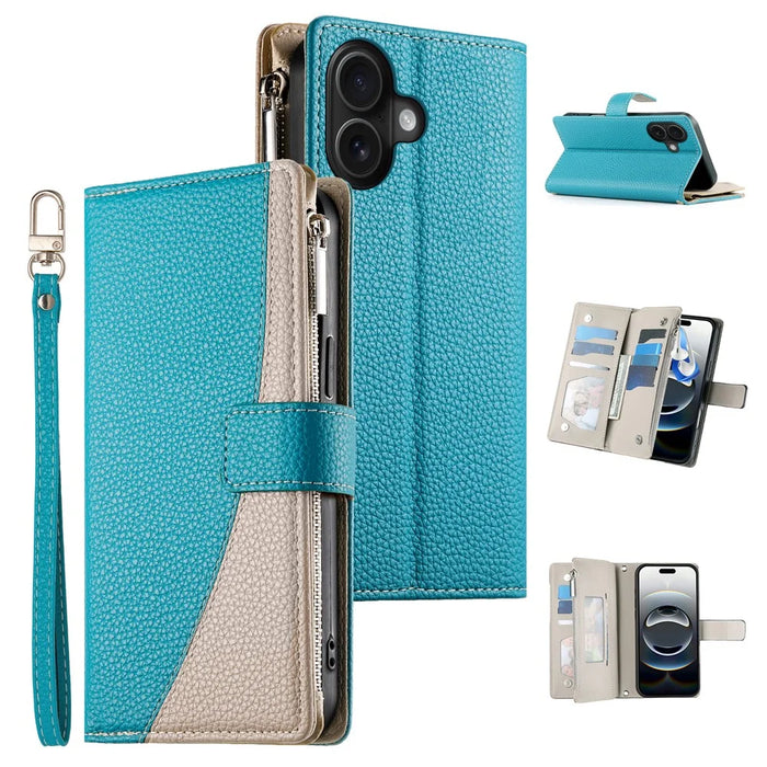 For iPhone 16 Case Zipper Pocket Wallet Color Splicing Leather Flip Phone Cover with Straps - Lake Blue - 1