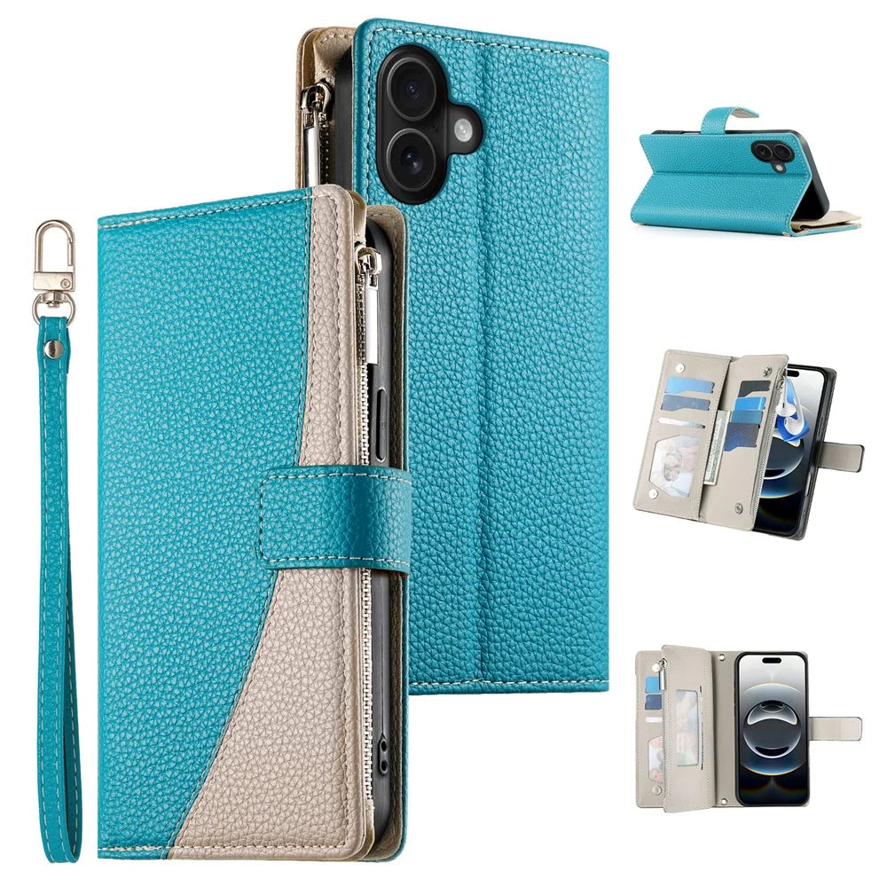 For iPhone 16 Plus Case Zipper Pocket Wallet Color Splicing Leather Flip Phone Cover with Straps - Lake Blue - 1