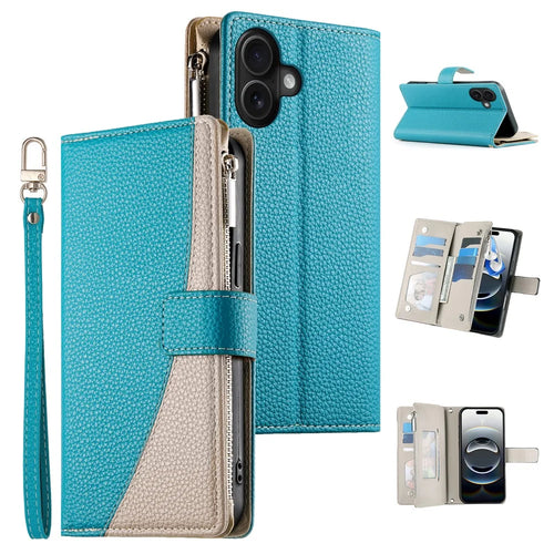 For iPhone 16 Plus Case Zipper Pocket Wallet Color Splicing Leather Flip Phone Cover with Straps - Lake Blue - 1