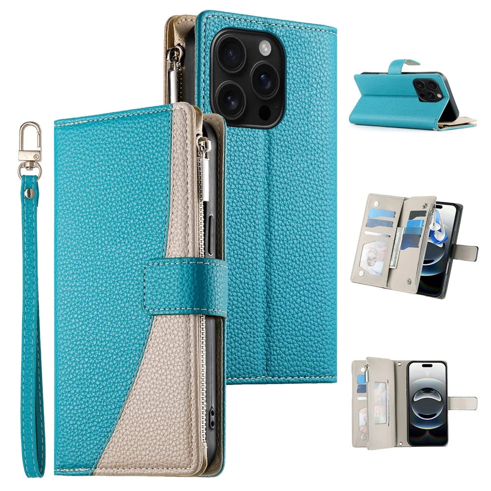 For iPhone 16 Pro Case Zipper Pocket Wallet Color Splicing Leather Flip Phone Cover with Straps - Lake Blue - 1